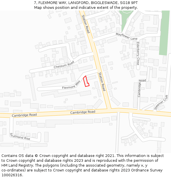 7, FLEXMORE WAY, LANGFORD, BIGGLESWADE, SG18 9PT: Location map and indicative extent of plot