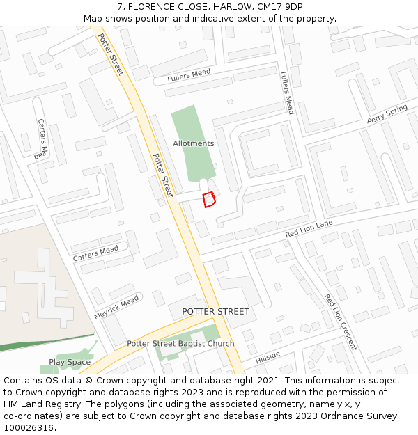 7, FLORENCE CLOSE, HARLOW, CM17 9DP: Location map and indicative extent of plot