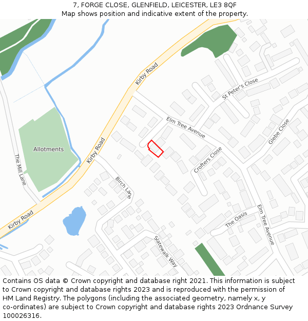 7, FORGE CLOSE, GLENFIELD, LEICESTER, LE3 8QF: Location map and indicative extent of plot