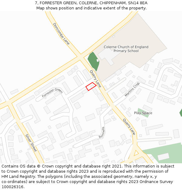 7, FORRESTER GREEN, COLERNE, CHIPPENHAM, SN14 8EA: Location map and indicative extent of plot