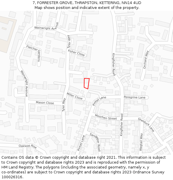 7, FORRESTER GROVE, THRAPSTON, KETTERING, NN14 4UD: Location map and indicative extent of plot