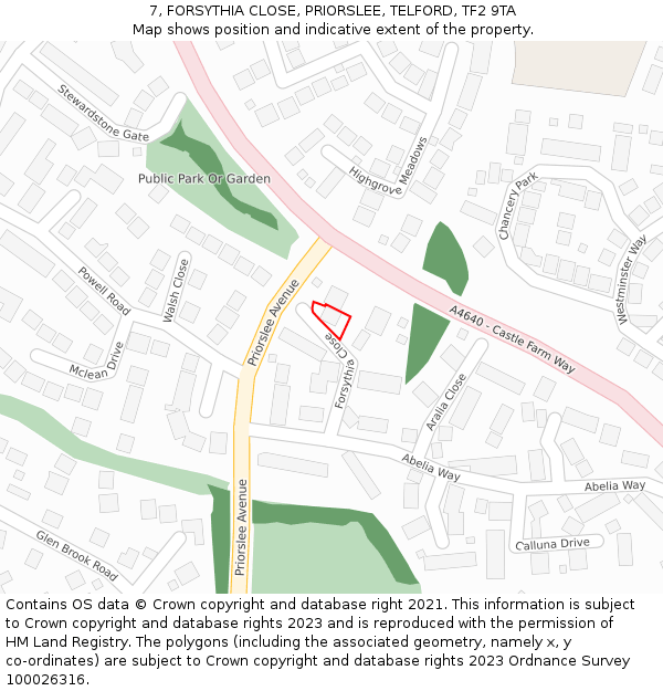 7, FORSYTHIA CLOSE, PRIORSLEE, TELFORD, TF2 9TA: Location map and indicative extent of plot