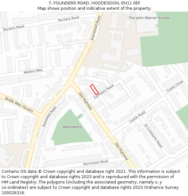 7, FOUNDERS ROAD, HODDESDON, EN11 0EF: Location map and indicative extent of plot