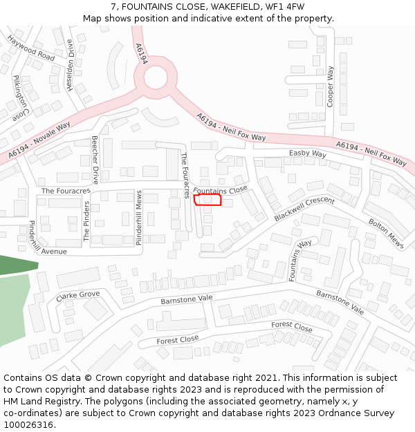 7, FOUNTAINS CLOSE, WAKEFIELD, WF1 4FW: Location map and indicative extent of plot