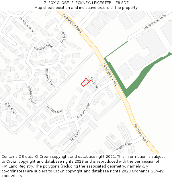 7, FOX CLOSE, FLECKNEY, LEICESTER, LE8 8DE: Location map and indicative extent of plot