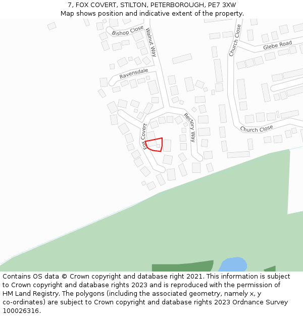 7, FOX COVERT, STILTON, PETERBOROUGH, PE7 3XW: Location map and indicative extent of plot