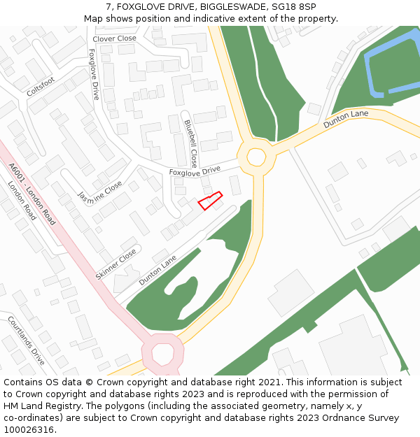 7, FOXGLOVE DRIVE, BIGGLESWADE, SG18 8SP: Location map and indicative extent of plot