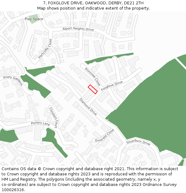 7, FOXGLOVE DRIVE, OAKWOOD, DERBY, DE21 2TH: Location map and indicative extent of plot