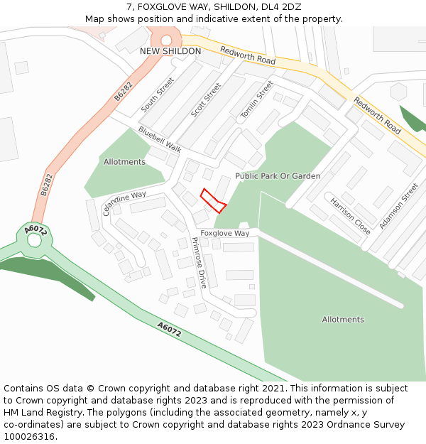 7, FOXGLOVE WAY, SHILDON, DL4 2DZ: Location map and indicative extent of plot