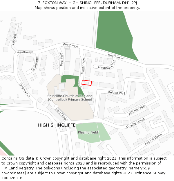 7, FOXTON WAY, HIGH SHINCLIFFE, DURHAM, DH1 2PJ: Location map and indicative extent of plot