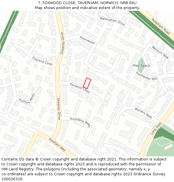 7, FOXWOOD CLOSE, TAVERHAM, NORWICH, NR8 6XU: Location map and indicative extent of plot