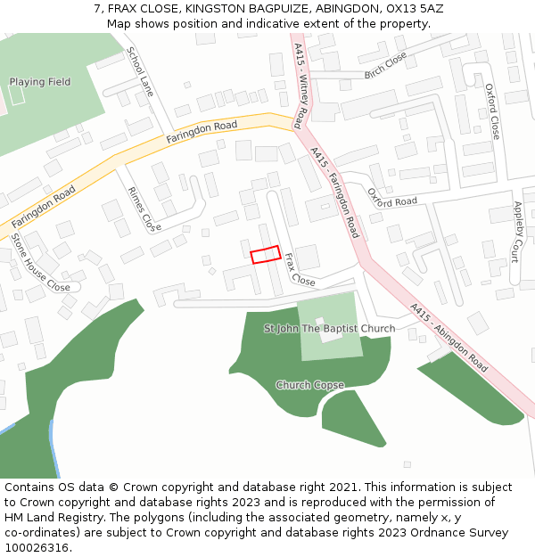 7, FRAX CLOSE, KINGSTON BAGPUIZE, ABINGDON, OX13 5AZ: Location map and indicative extent of plot