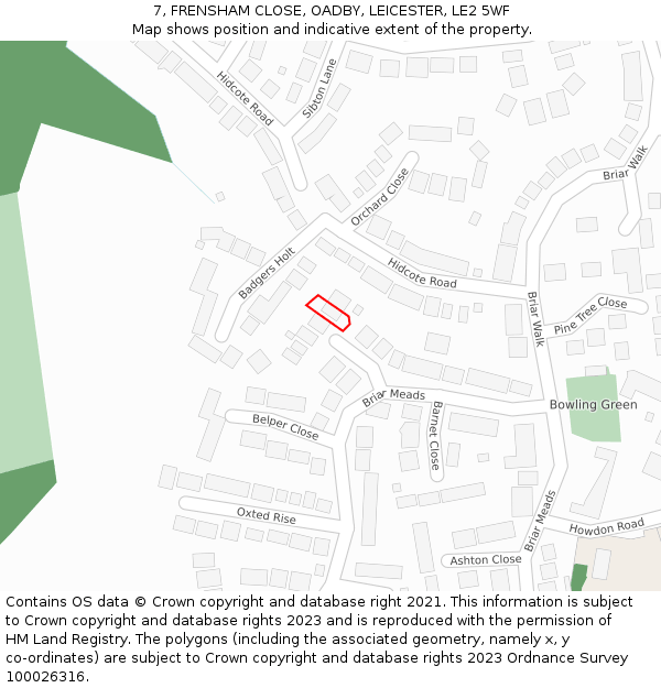 7, FRENSHAM CLOSE, OADBY, LEICESTER, LE2 5WF: Location map and indicative extent of plot