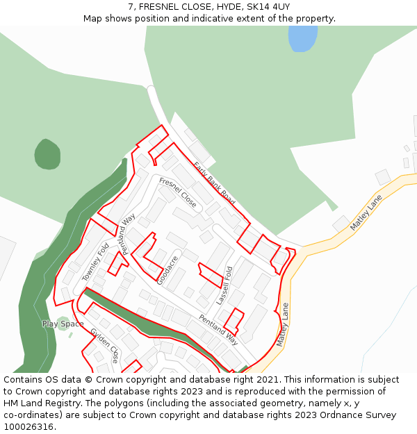 7, FRESNEL CLOSE, HYDE, SK14 4UY: Location map and indicative extent of plot