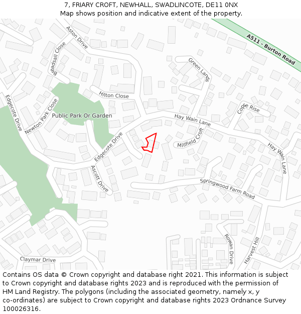 7, FRIARY CROFT, NEWHALL, SWADLINCOTE, DE11 0NX: Location map and indicative extent of plot