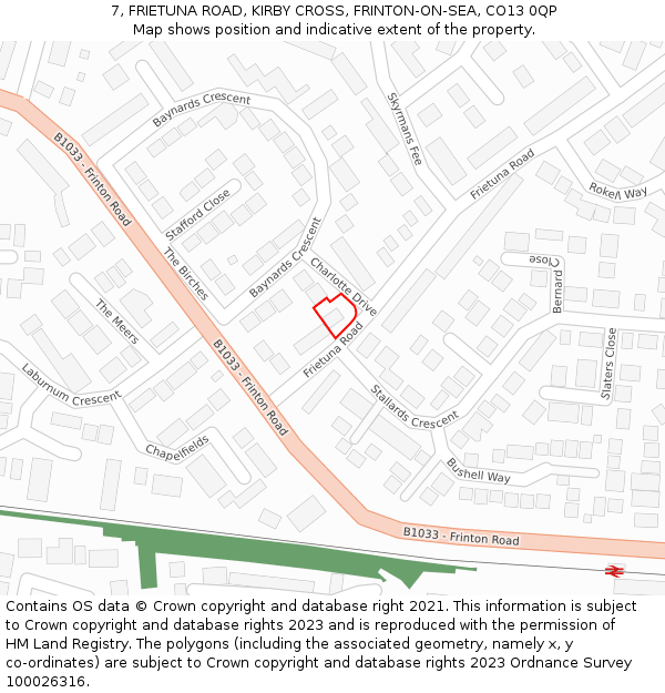 7, FRIETUNA ROAD, KIRBY CROSS, FRINTON-ON-SEA, CO13 0QP: Location map and indicative extent of plot