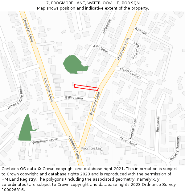 7, FROGMORE LANE, WATERLOOVILLE, PO8 9QN: Location map and indicative extent of plot