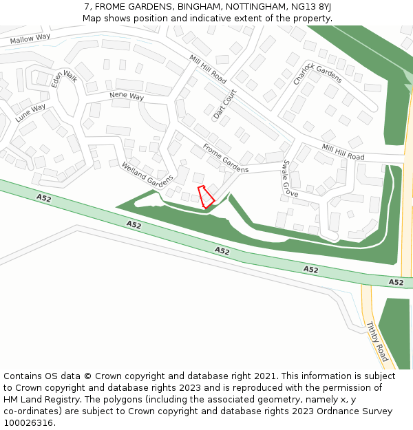 7, FROME GARDENS, BINGHAM, NOTTINGHAM, NG13 8YJ: Location map and indicative extent of plot