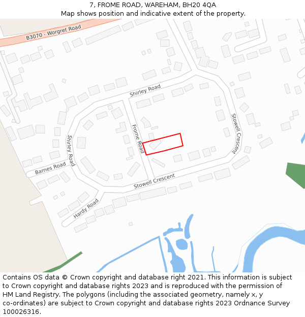 7, FROME ROAD, WAREHAM, BH20 4QA: Location map and indicative extent of plot