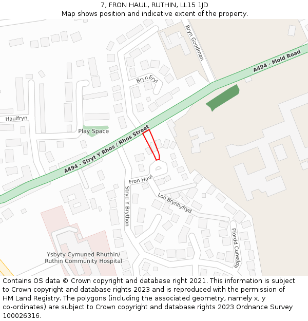 7, FRON HAUL, RUTHIN, LL15 1JD: Location map and indicative extent of plot
