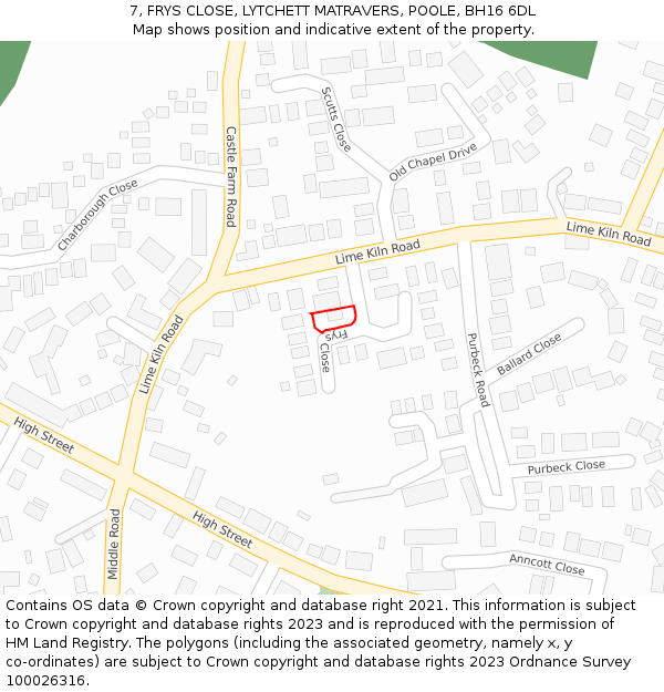 7, FRYS CLOSE, LYTCHETT MATRAVERS, POOLE, BH16 6DL: Location map and indicative extent of plot