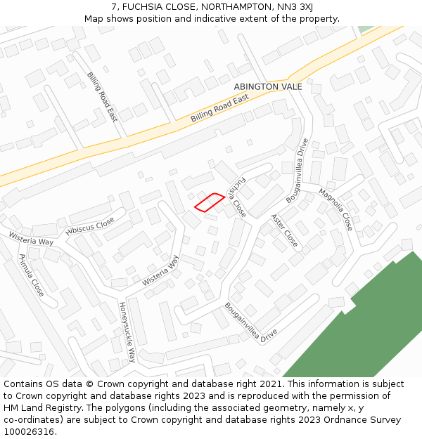 7, FUCHSIA CLOSE, NORTHAMPTON, NN3 3XJ: Location map and indicative extent of plot