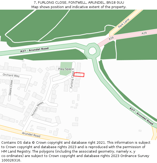 7, FURLONG CLOSE, FONTWELL, ARUNDEL, BN18 0UU: Location map and indicative extent of plot