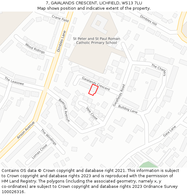 7, GAIALANDS CRESCENT, LICHFIELD, WS13 7LU: Location map and indicative extent of plot