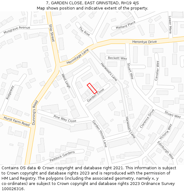 7, GARDEN CLOSE, EAST GRINSTEAD, RH19 4JS: Location map and indicative extent of plot