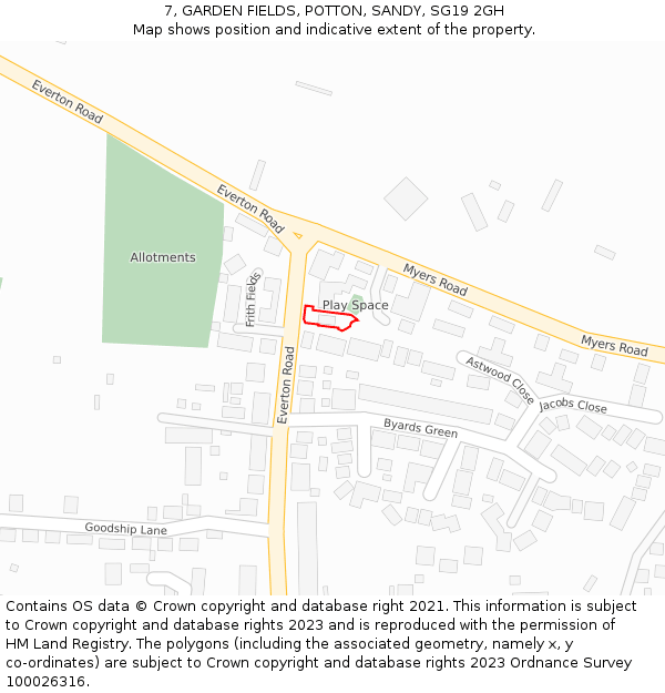 7, GARDEN FIELDS, POTTON, SANDY, SG19 2GH: Location map and indicative extent of plot