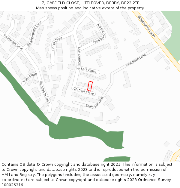 7, GARFIELD CLOSE, LITTLEOVER, DERBY, DE23 2TF: Location map and indicative extent of plot