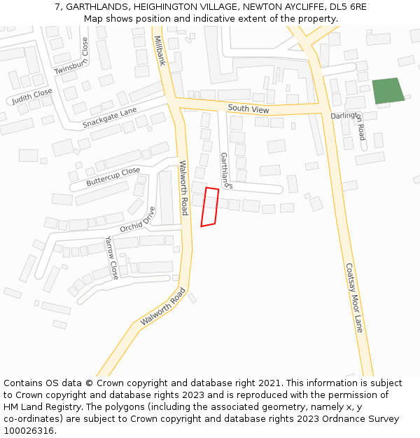 7, GARTHLANDS, HEIGHINGTON VILLAGE, NEWTON AYCLIFFE, DL5 6RE: Location map and indicative extent of plot