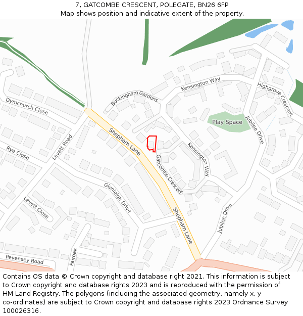 7, GATCOMBE CRESCENT, POLEGATE, BN26 6FP: Location map and indicative extent of plot