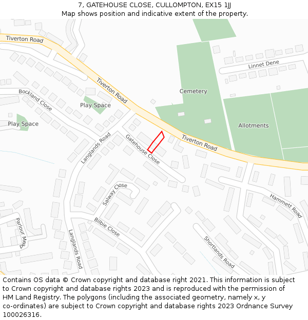 7, GATEHOUSE CLOSE, CULLOMPTON, EX15 1JJ: Location map and indicative extent of plot