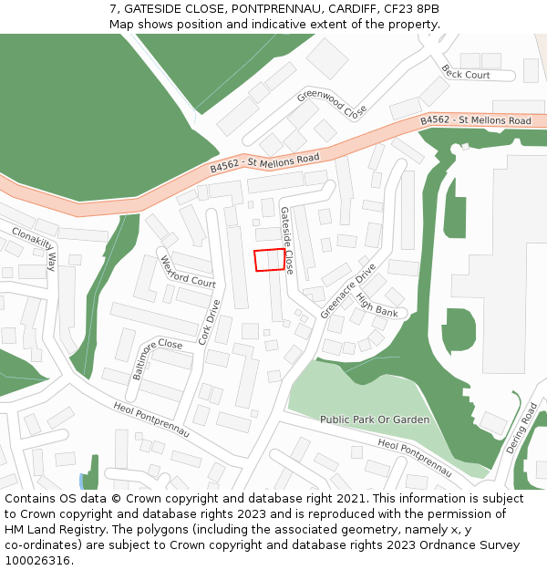 7, GATESIDE CLOSE, PONTPRENNAU, CARDIFF, CF23 8PB: Location map and indicative extent of plot