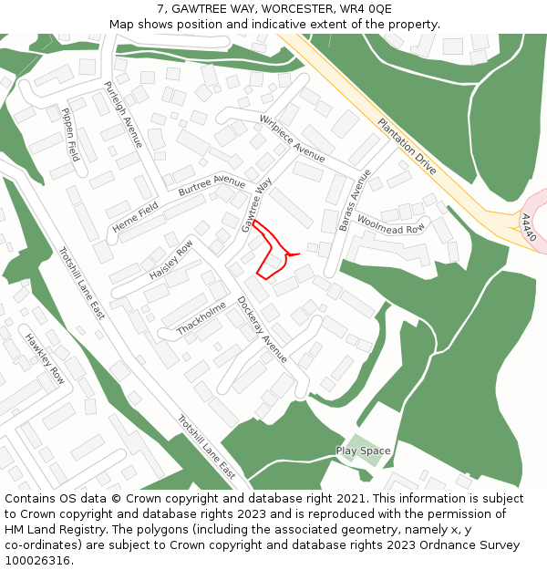7, GAWTREE WAY, WORCESTER, WR4 0QE: Location map and indicative extent of plot