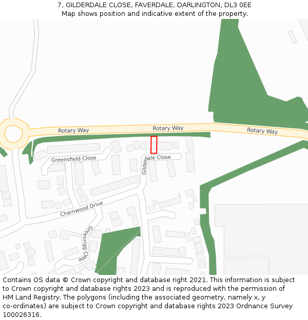 7, GILDERDALE CLOSE, FAVERDALE, DARLINGTON, DL3 0EE: Location map and indicative extent of plot