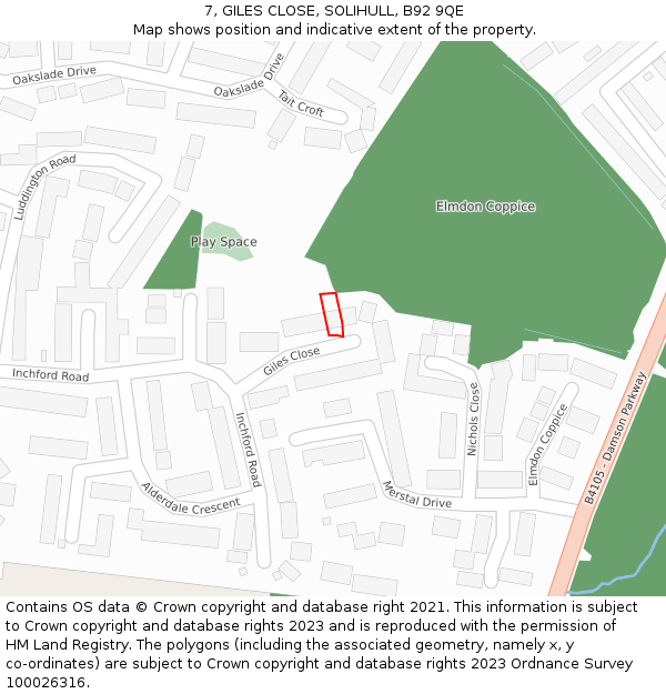 7, GILES CLOSE, SOLIHULL, B92 9QE: Location map and indicative extent of plot