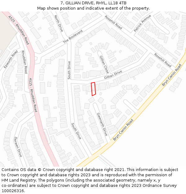 7, GILLIAN DRIVE, RHYL, LL18 4TB: Location map and indicative extent of plot