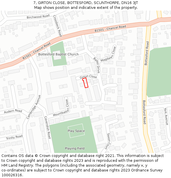 7, GIRTON CLOSE, BOTTESFORD, SCUNTHORPE, DN16 3JT: Location map and indicative extent of plot