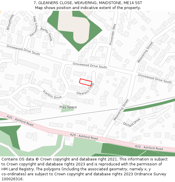 7, GLEANERS CLOSE, WEAVERING, MAIDSTONE, ME14 5ST: Location map and indicative extent of plot