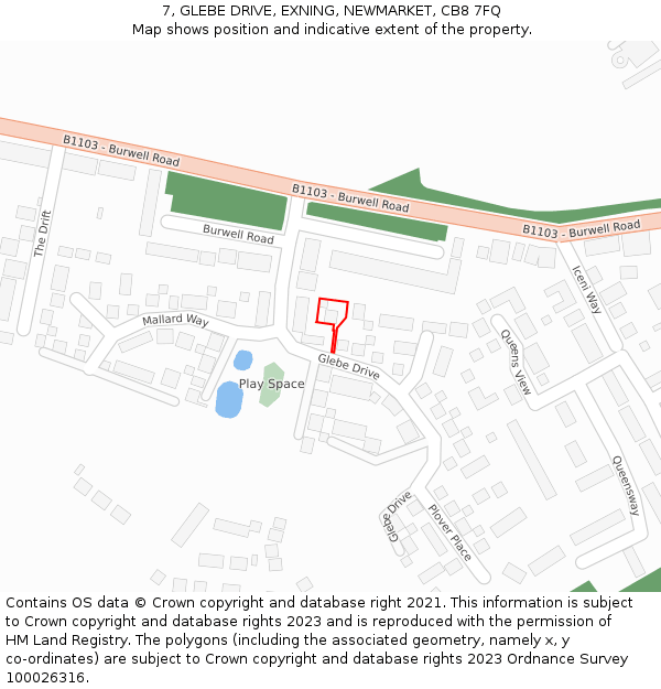 7, GLEBE DRIVE, EXNING, NEWMARKET, CB8 7FQ: Location map and indicative extent of plot