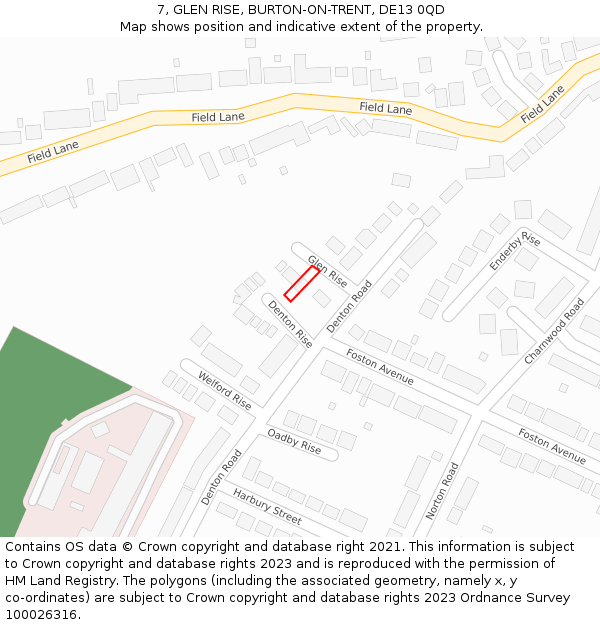 7, GLEN RISE, BURTON-ON-TRENT, DE13 0QD: Location map and indicative extent of plot