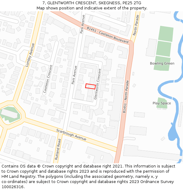 7, GLENTWORTH CRESCENT, SKEGNESS, PE25 2TG: Location map and indicative extent of plot