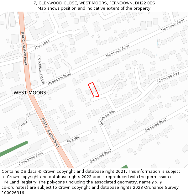 7, GLENWOOD CLOSE, WEST MOORS, FERNDOWN, BH22 0ES: Location map and indicative extent of plot