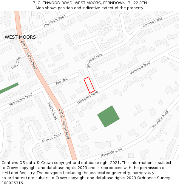 7, GLENWOOD ROAD, WEST MOORS, FERNDOWN, BH22 0EN: Location map and indicative extent of plot