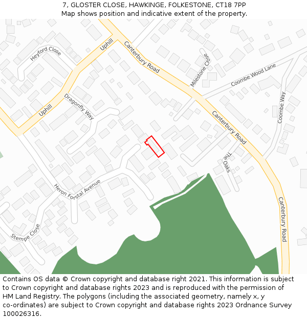 7, GLOSTER CLOSE, HAWKINGE, FOLKESTONE, CT18 7PP: Location map and indicative extent of plot