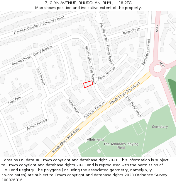 7, GLYN AVENUE, RHUDDLAN, RHYL, LL18 2TG: Location map and indicative extent of plot