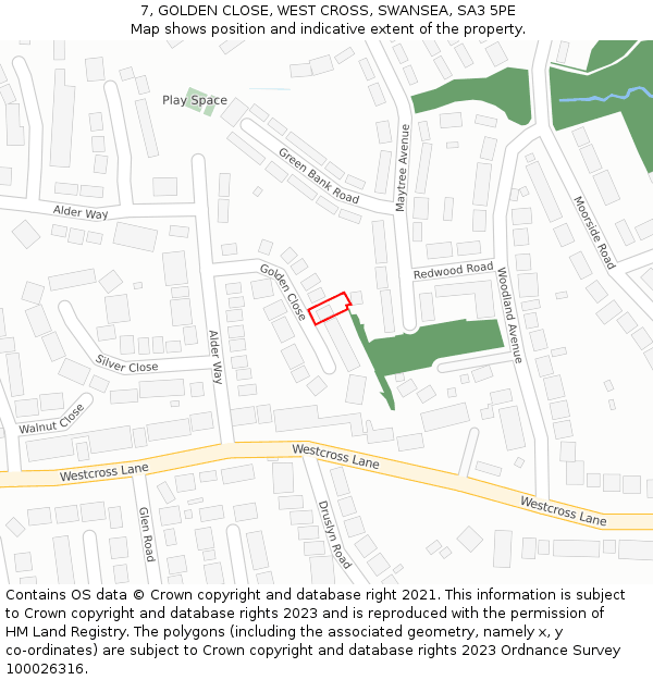 7, GOLDEN CLOSE, WEST CROSS, SWANSEA, SA3 5PE: Location map and indicative extent of plot