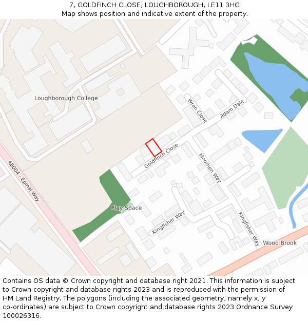 7, GOLDFINCH CLOSE, LOUGHBOROUGH, LE11 3HG: Location map and indicative extent of plot